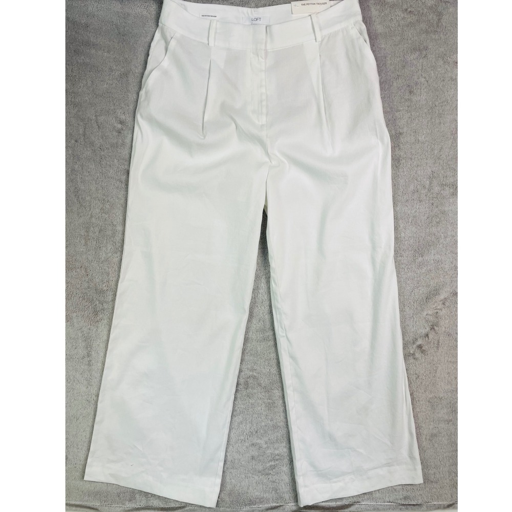 LOFT The Peyton Trouser Pants Size 12 White Linen Blend Wide Leg Pleated NWT $90